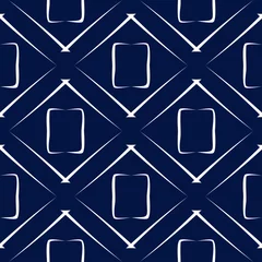 Plexiglas keuken achterwand Donkerblauw Geometrische vierkante print. Wit patroon op donkerblauwe naadloze achtergrond