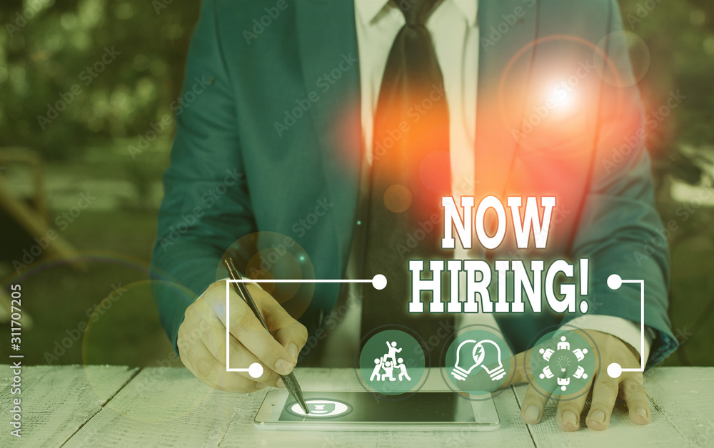 Poster conceptual hand writing showing now hiring. concept meaning finding evaluating working relationship 