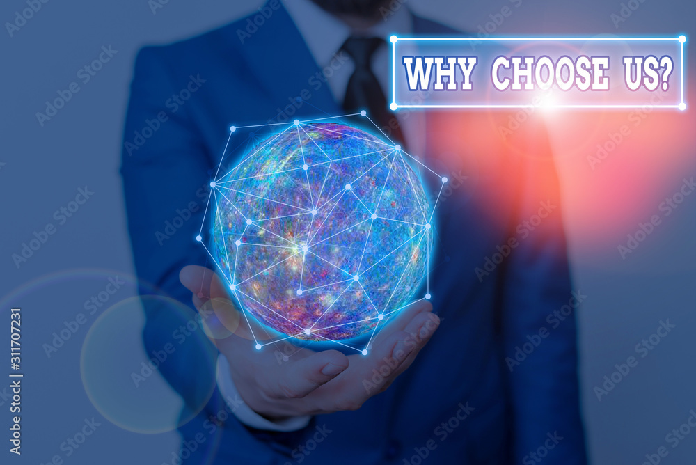 Aufkleber word writing text why choose us question. business photo showcasing list of advantages and disadvant