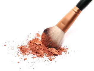 Brush with face powder, makeup isolated on white background