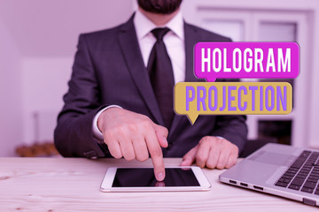 Word writing text Hologram Projection. Business photo showcasing photographic projection of a recording of a light Male human wear formal clothes present presentation use hi tech smartphone