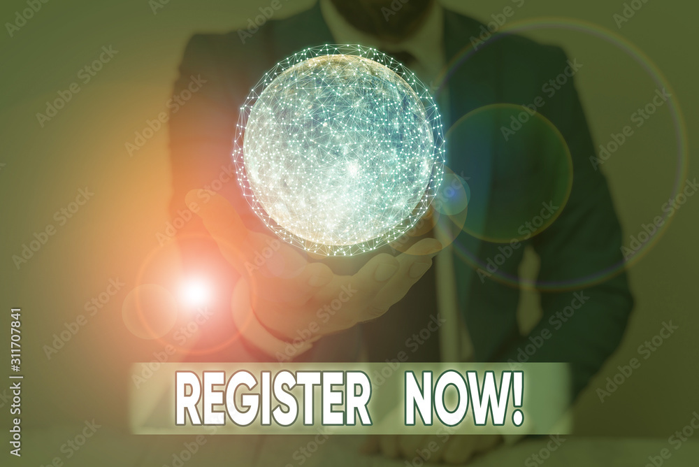Poster writing note showing register now. business concept for official list or record showing or things in