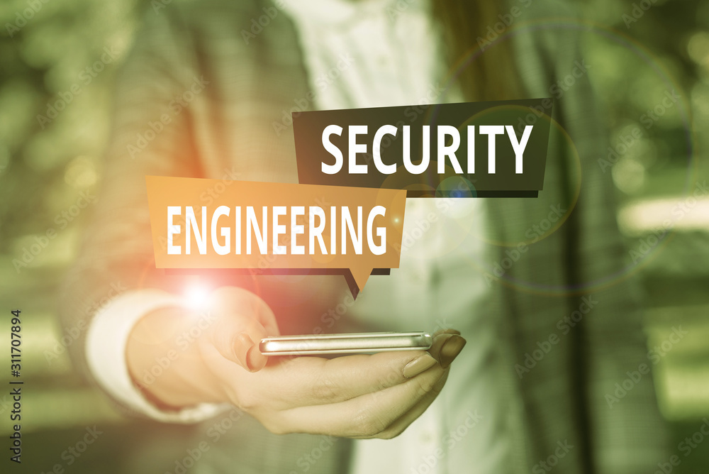 Poster text sign showing security engineering. business photo showcasing focus on the security aspects in t
