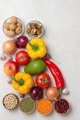 A set of vegetables for a healthy diet, yellow and red peppers, avocado, tomatoes, onions, garlic..