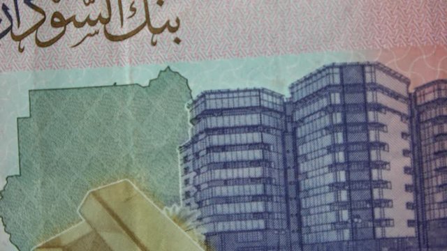 Swing across the front of the 50 pound Sudan banknote depicting gold bars, government buildings and red fish