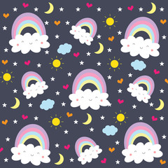 Cute baby cartoon pattern (Rainbow ,Smile cloud happy face ,Sun ,Moon ,Star ,Heart) isolated on deep blue background.Design for girl or kids.Using as wallpaper ,print or screen.Sweet dream concept.