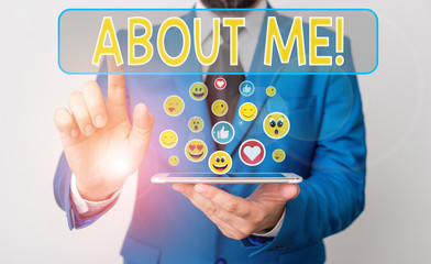 Conceptual hand writing showing About Me. Concept meaning telling someone list of your good and bad properties