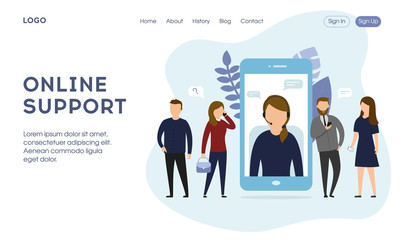 Online customer support concept. Mobile call center with female consultant, headset, chat icons and costumers. Support 24h online. Landing page template. Flat style. Vector illustration.