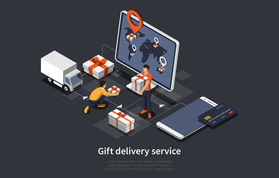 Isometric gifts free Delivery service for online store. Gifts delivery with employees, transport, worlt map with labels. Modern illustration banners for website.