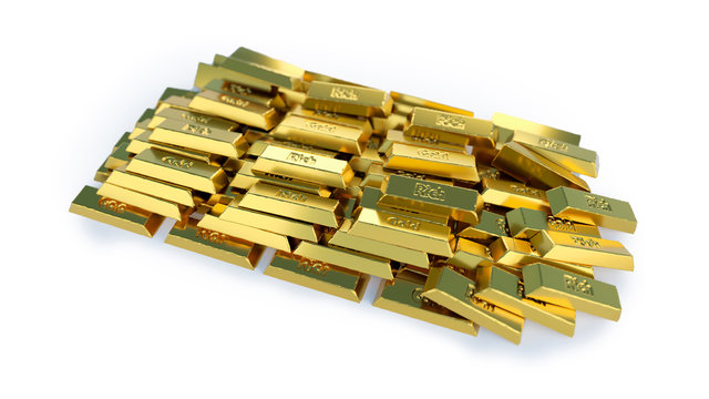 Stacked pile of gold bars. 3D rendered illustration isolated on white background. Selective focus macro shot with shallow DOF