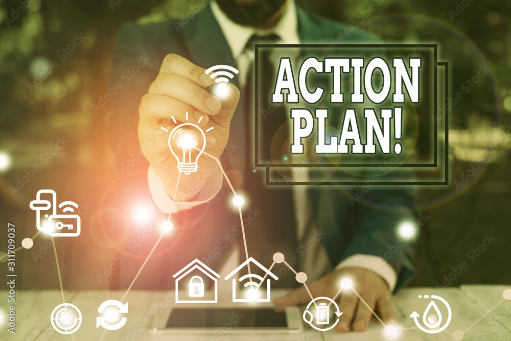 Poster word writing text action plan. business photo showcasing proposed strategy or course of actions for 