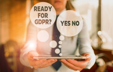 Conceptual hand writing showing Ready For Gdpr question Yes No. Concept meaning Readiness General Data Protection Regulation Woman in the background pointing with finger in empty space