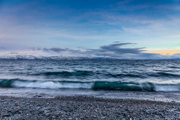 beautiful view over beach. Tornetrask, Sweden. Polar night. long shutter speed