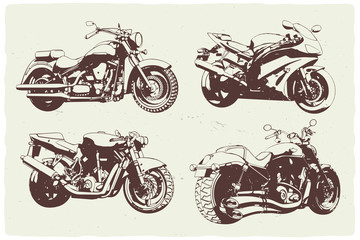 Isolated set of monochrome illustrations of 4 different motorcycles.