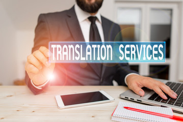 Writing note showing Translation Services. Business concept for organization that provide showing to translate speech Male human wear formal clothes present use hitech smartphone