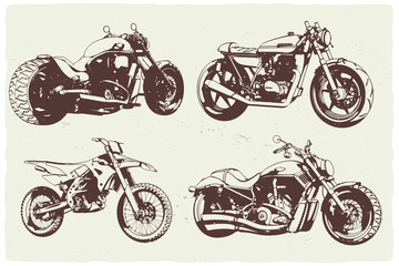 Isolated set of monochrome illustrations of 4 different motorcycles.