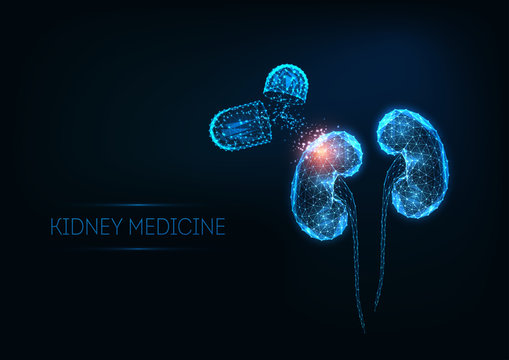 Futuristic Kidneys Medicine Concept With Glowing Low Polygonal Human Kidneys And Capsule Pills