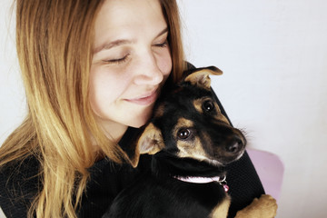 young beautiful girl holds in the hands of a little puppy