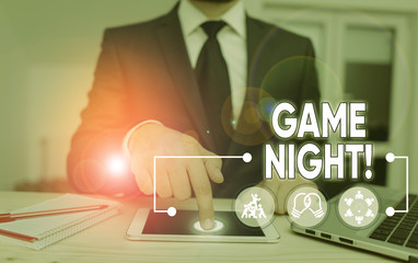 Word writing text Game Night. Business photo showcasing usually its called on adult play dates like...