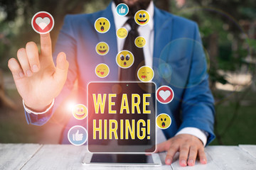 Word writing text We Are Hiring. Business photo showcasing recently you employ someone or pay...