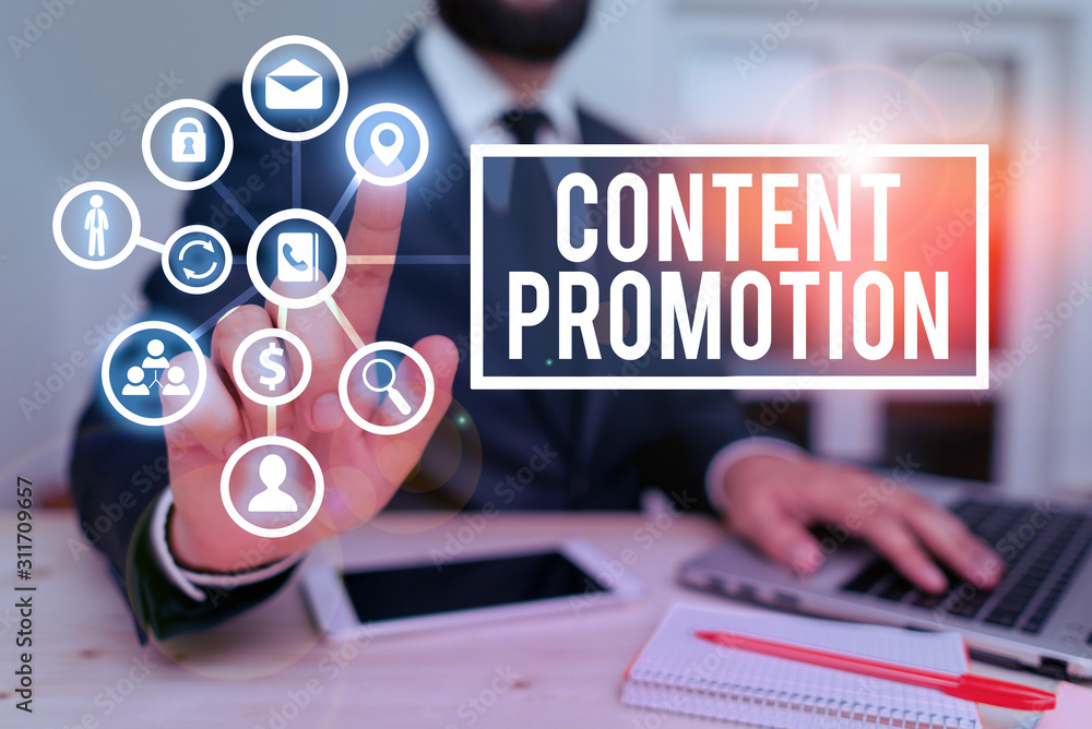 Poster writing note showing content promotion. business concept for about getting content in front of the r