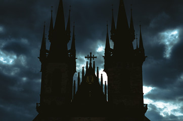 Dark gothic church with dramatic sky in the background in horror or halloween, with copy space