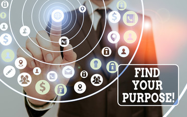 Text sign showing Find Your Purpose. Business photo showcasing reason for something is done or for which still exists