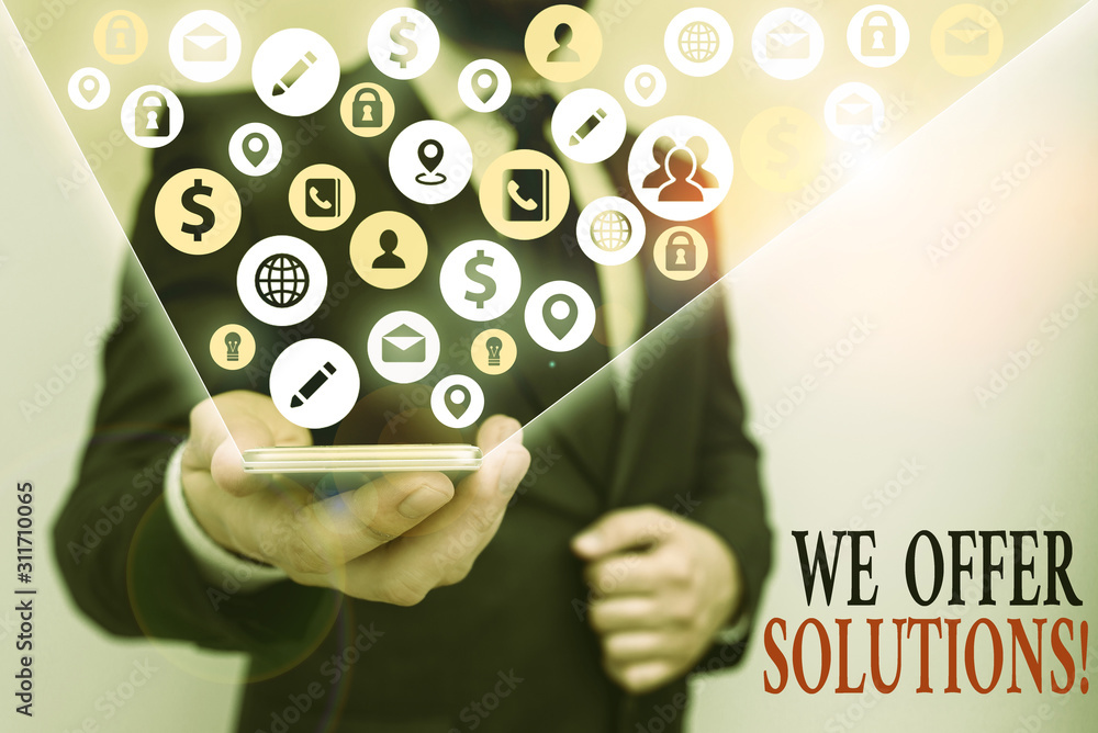 Aufkleber writing note showing we offer solutions. business concept for way to solve problem or deal with diff