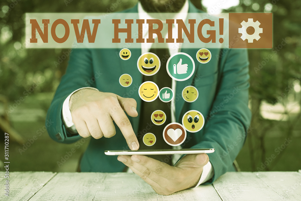Poster conceptual hand writing showing now hiring. concept meaning finding evaluating working relationship 