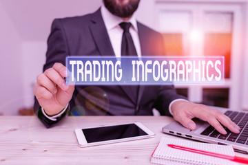 Writing note showing Trading Infographics. Business concept for visual representation of trade information or data Male human wear formal clothes present use hitech smartphone