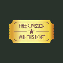 Vintage golden ticket. Admission to the cinema, theater, music festival, party, etc. Vector image.