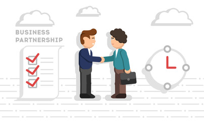 Two businessmen shake hands on white background. Business partnership. Concept of business. Vector illustration in flat style
