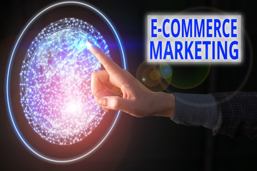 Text sign showing E Commerce Marketing. Business photo showcasing business that sells product or service electronically Elements of this image furnished by NASA