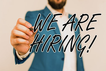 Word writing text We Are Hiring. Business photo showcasing recently you employ someone or pay...