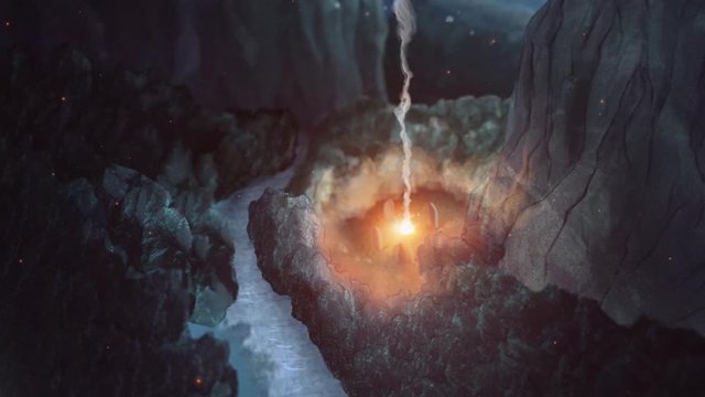 Abstract animation of the forest at night with a mystical fiew surrounded by ritual stones. Stock footage. Magic ceremony in mysterious forest,