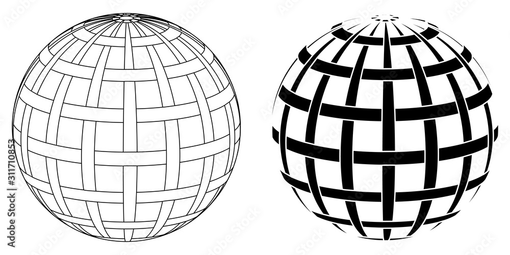 Poster globe sphere planet earth with intertwined parallels and meridians, vector intertwined lines globe
