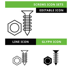 Screws icons set vector design, modern editable line and  glyph icon, black color and isolated for icon presentation, website and banner