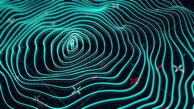 Animated abstract bended neon concentric circles on black background. Animation. Futuristic turquoise geo location program with wavy surface, seamless loop.