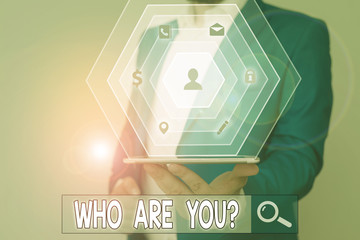 Conceptual hand writing showing Who Are You Question. Concept meaning asking about its identity or...