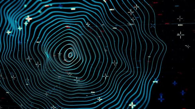 Internet technology and cyber security concept, realistic radar with targets on monitor in searching background, seamless loop. Animation. Many narrow rings forming wavy 3D texture.