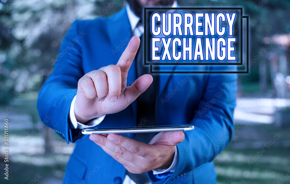 Aufkleber text sign showing currency exchange. business photo text rate at which one currency will be exchange