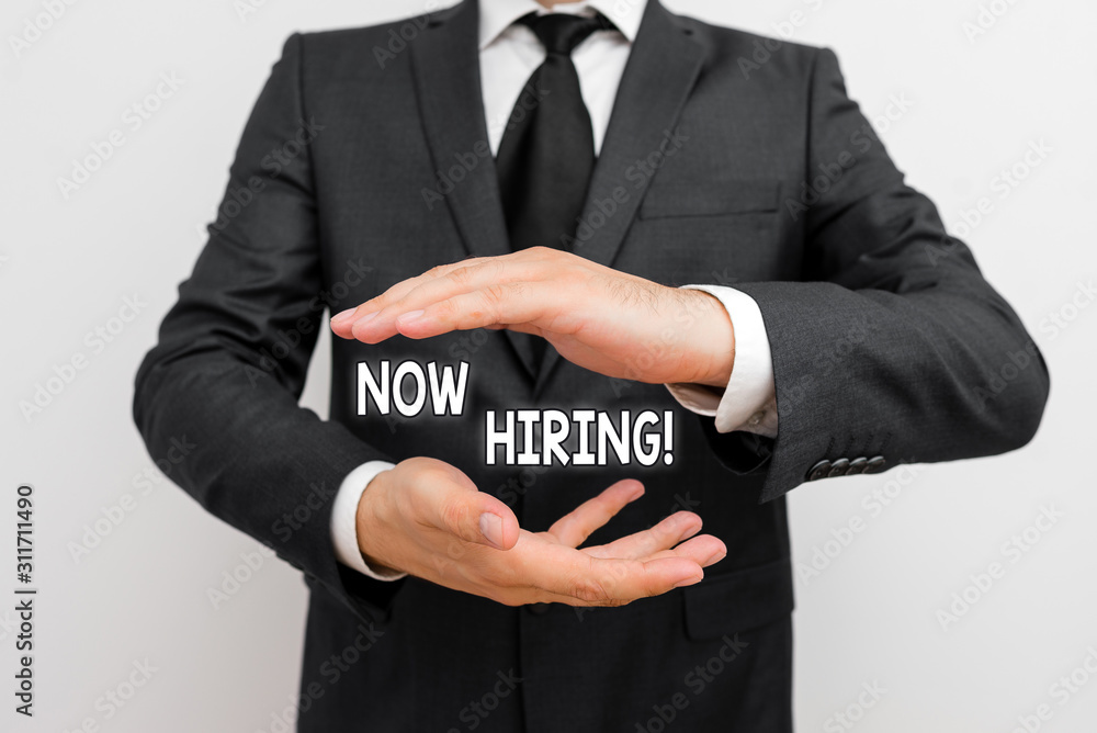 Aufkleber handwriting text writing now hiring. conceptual photo finding evaluating working relationship with f