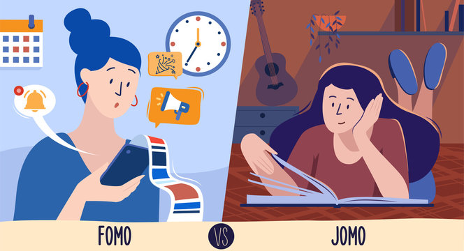 Vector illustration of fomo vs jomo, two conditions in which a person can reside