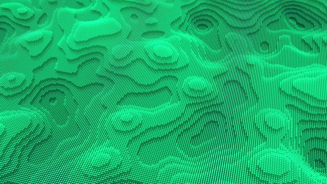 Wavy surface with ripples and grains, seamless loop. Animation. 3D vibrant pixel texture of green color, futuristic and technological background.