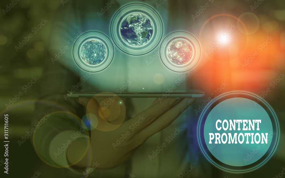 Poster writing note showing content promotion. business concept for about getting content in front of the r