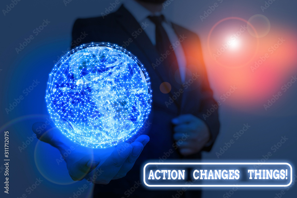 Poster writing note showing action changes things. business concept for start doing something against probl