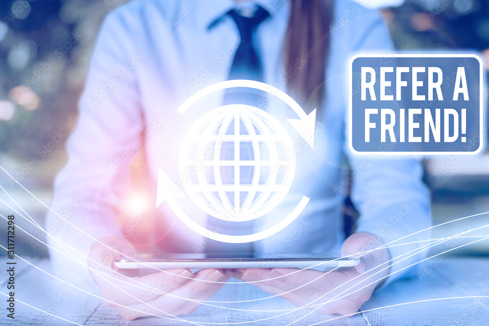 Aufkleber writing note showing refer a friend. business concept for direct someone to another or send him some