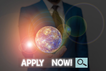 Handwriting text Apply Now. Conceptual photo request something officially in writing or by sending in form Elements of this image furnished by NASA