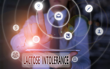 Text sign showing Lactose Intolerance. Business photo showcasing digestive problem where body is unable to digest lactose