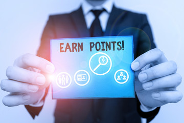 Conceptual hand writing showing Earn Points. Concept meaning collecting scores in order qualify to...